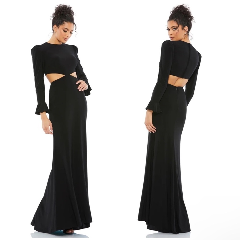 MAC DUGGAL Long‎ Sleeve Puff Shoulder Black Cut Out Gown